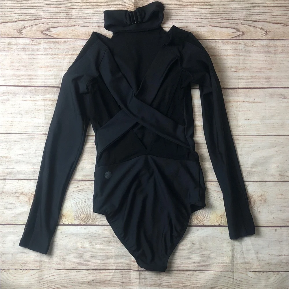 Black Cold-Shoulder‎ Mesh Long Sleeve Dance Leotard with High Neck